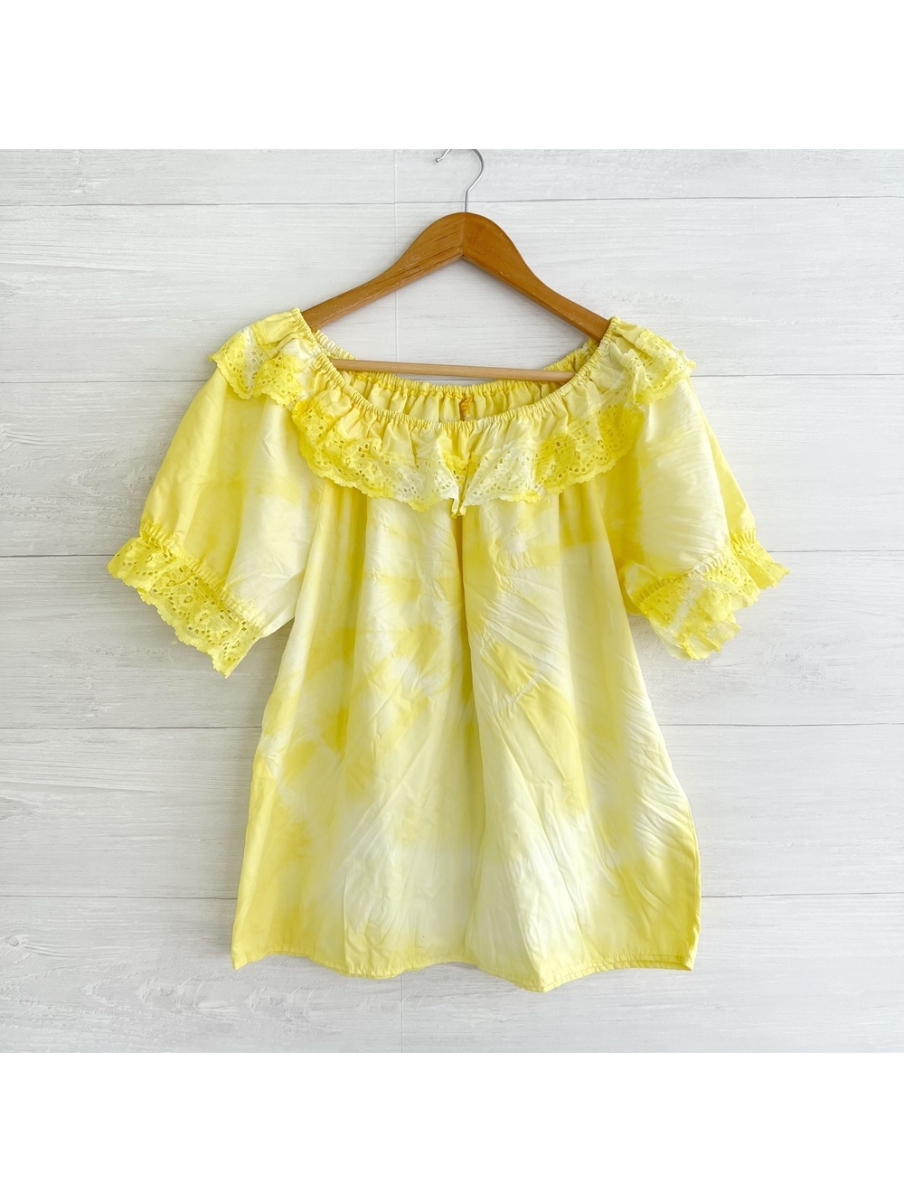 Vintage Partners Please Malco Modes Yellow Tie Dye Peasant Blouse Lace L